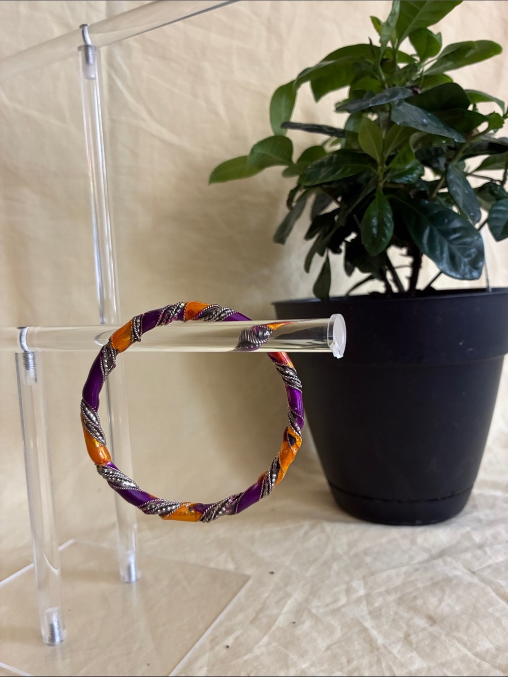 Vintage Multicolor Enamel & Braided Brass-Tone Bangle Bracelet